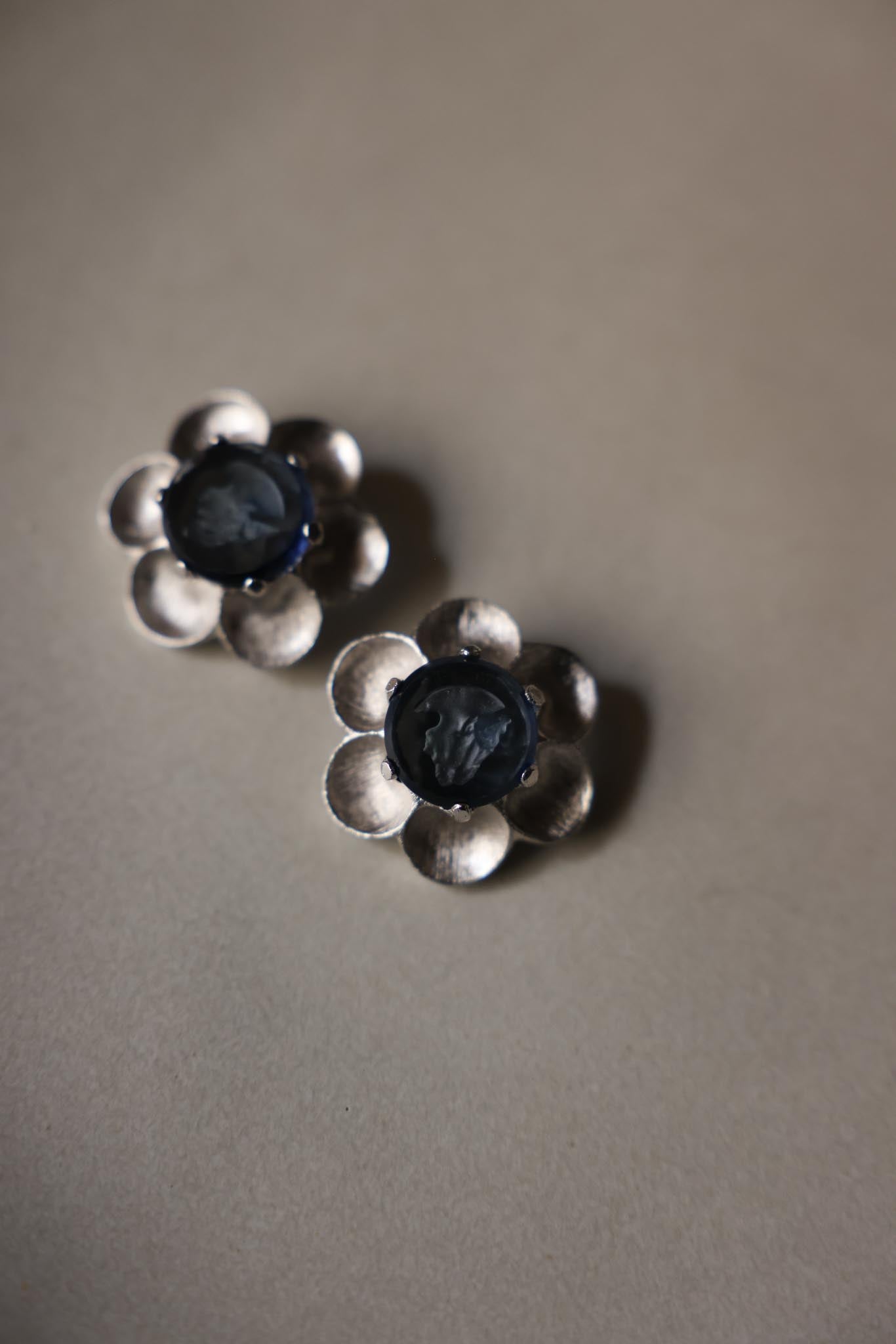 TARA Carved Cameo Glass Silver Runway Earrings|Vintage Baazaar 