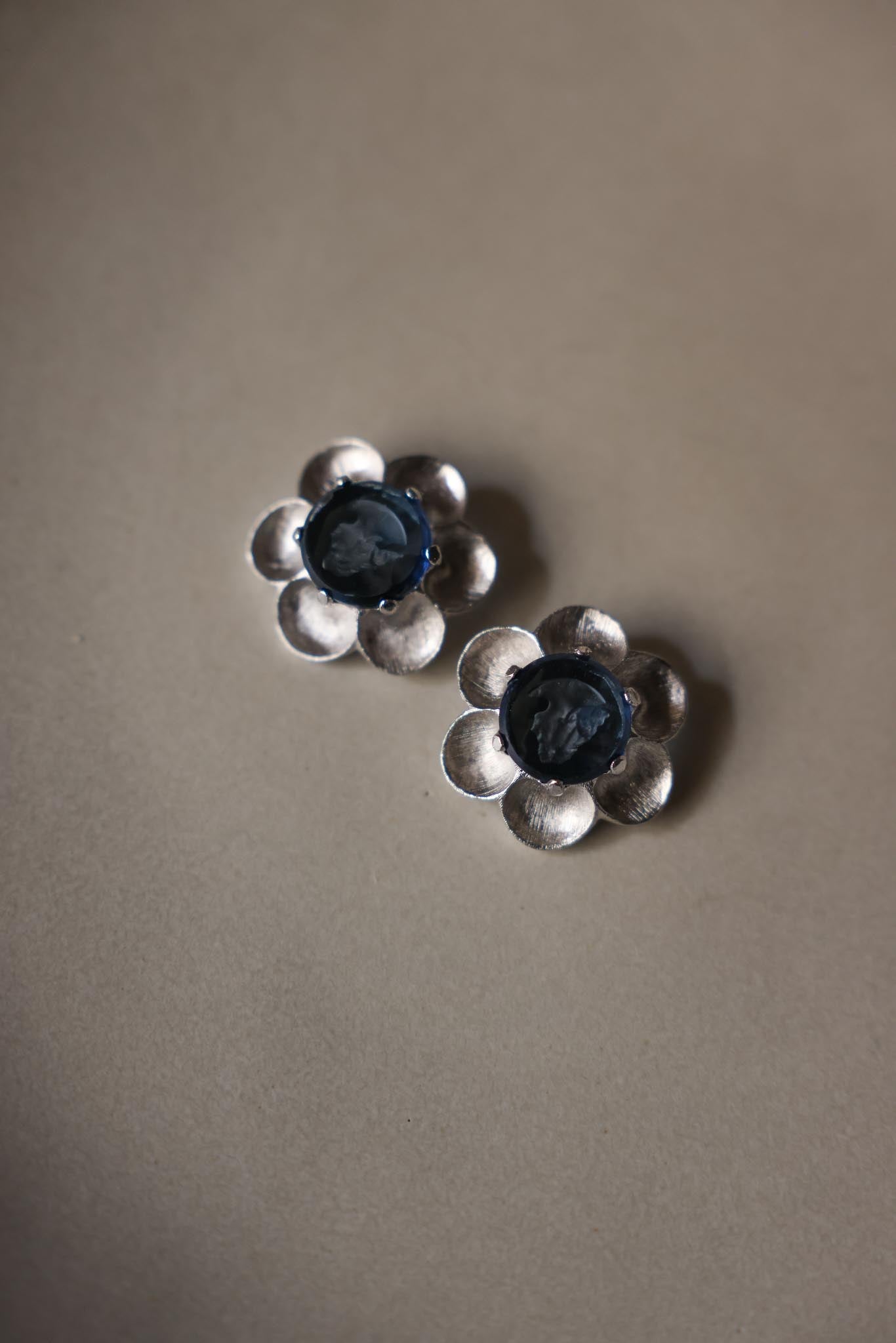 TARA Carved Cameo Glass Silver Runway Earrings|Vintage Baazaar 