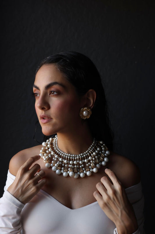 Dramatic Faux Pearl Cascade Collar Necklace|Vintage Baazaar 