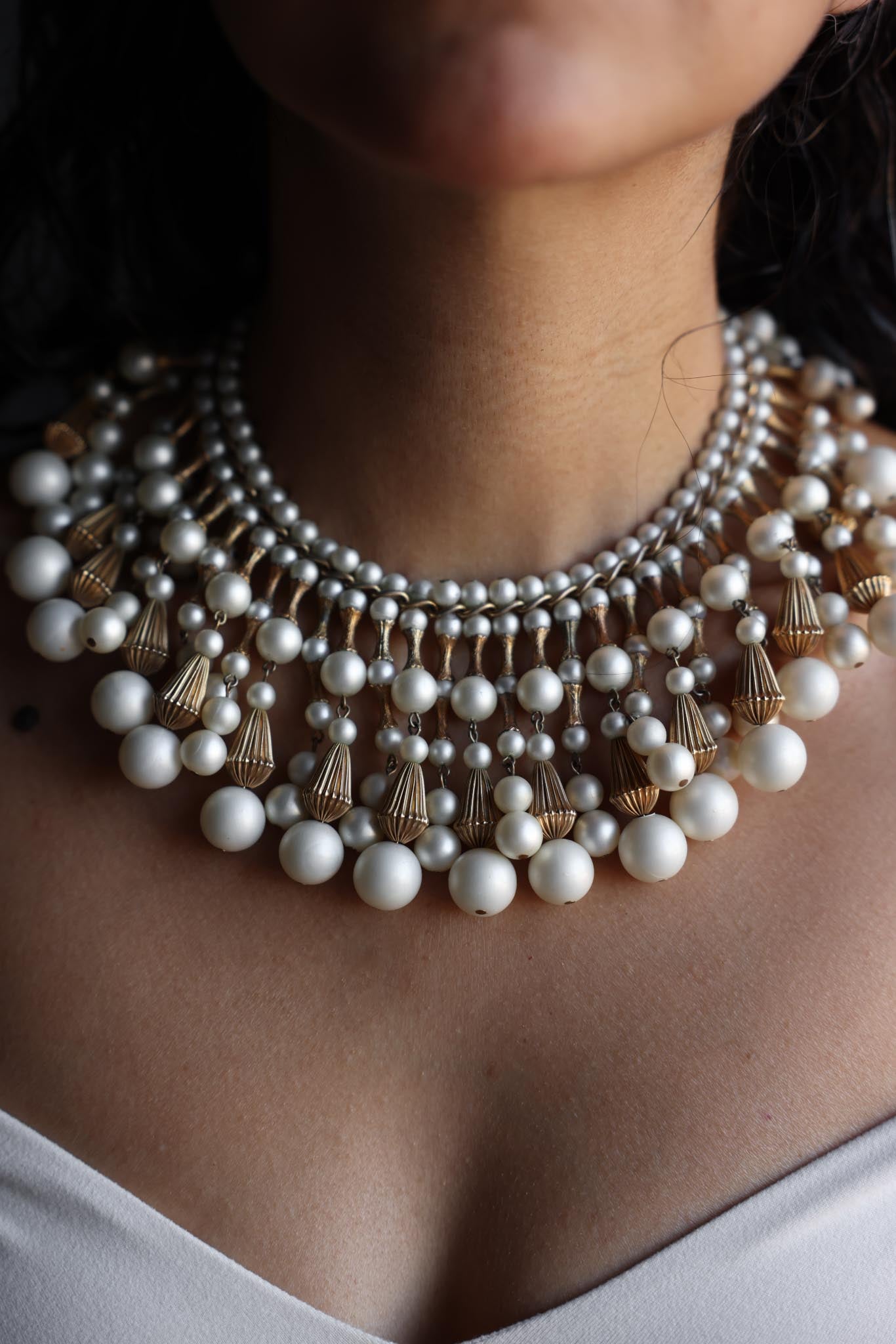 Dramatic Faux Pearl Cascade Collar Necklace|Vintage Baazaar 
