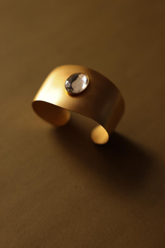 Matte Gold Cuff Bracelet with Clear Rhinestone|Vintage Baazaar 