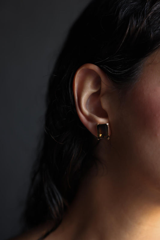 Emerald-Cut Brown Gemstone Screw-Back Earrings|Vintage Baazaar 