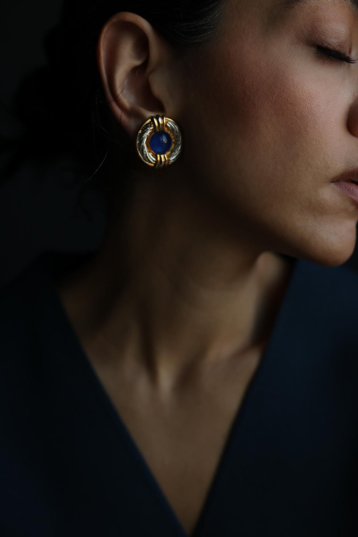 Two Tone Blue Cabochon Round Clip-On Earrings