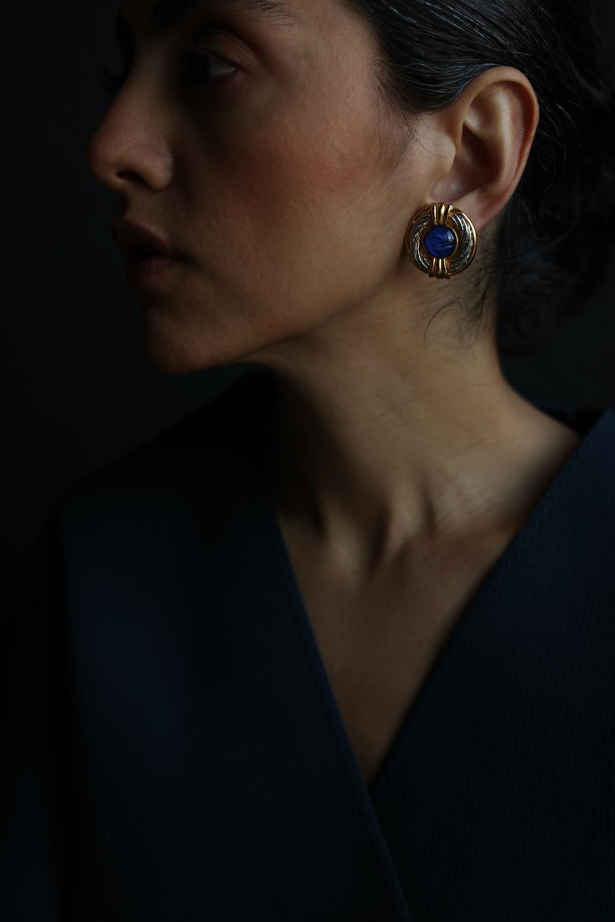Two Tone Blue Cabochon Round Clip-On Earrings