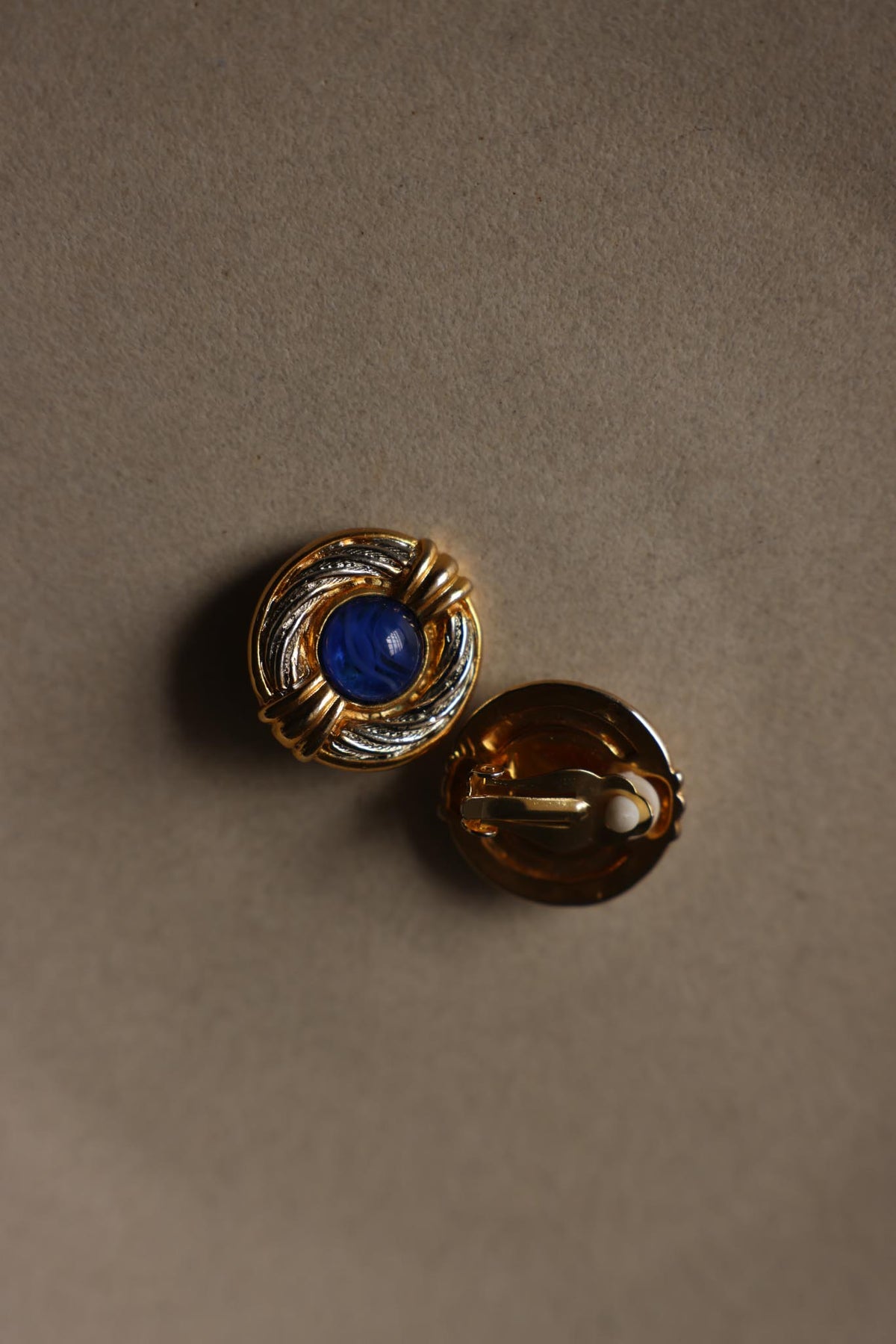 Two Tone Blue Cabochon Round Clip-On Earrings