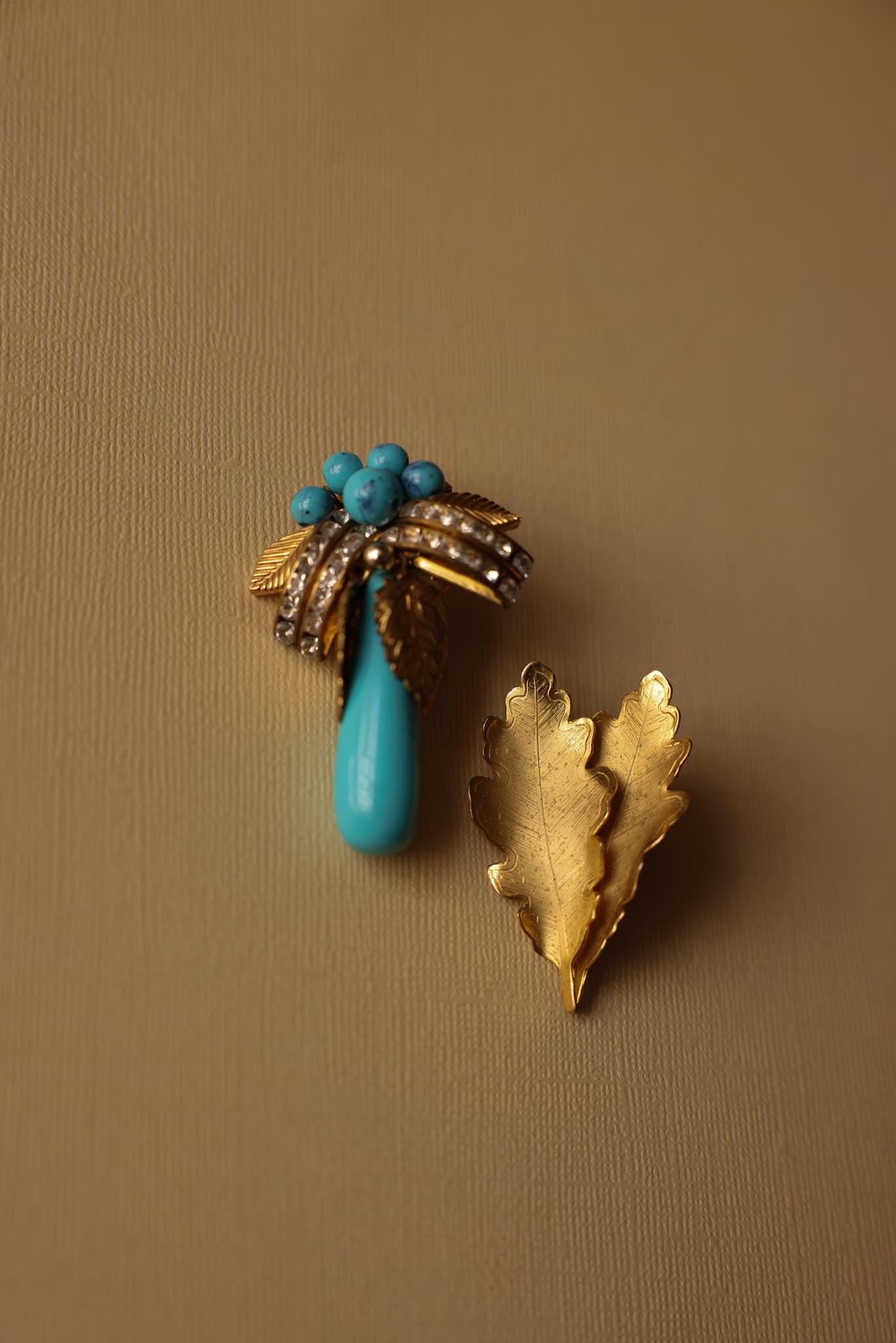 Gold-Toned Leaf and Turquoise Accent Mismatched Earrings|Vintage Baazaar 