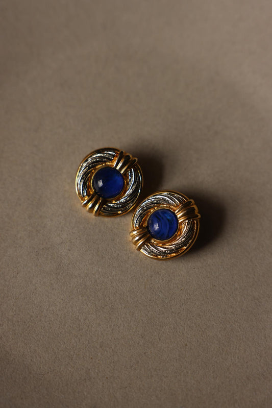 Two Tone Blue Cabochon Round Clip-On Earrings
