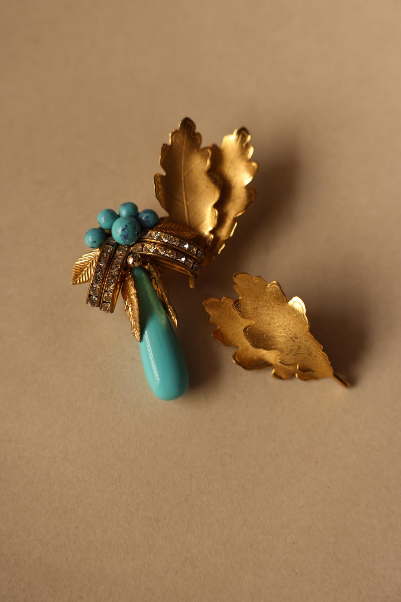 Gold-Toned Leaf and Turquoise Accent Mismatched Earrings|Vintage Baazaar 