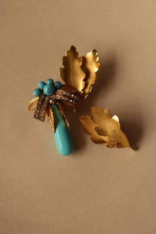 Gold-Toned Leaf and Turquoise Accent Mismatched Earrings|Vintage Baazaar 