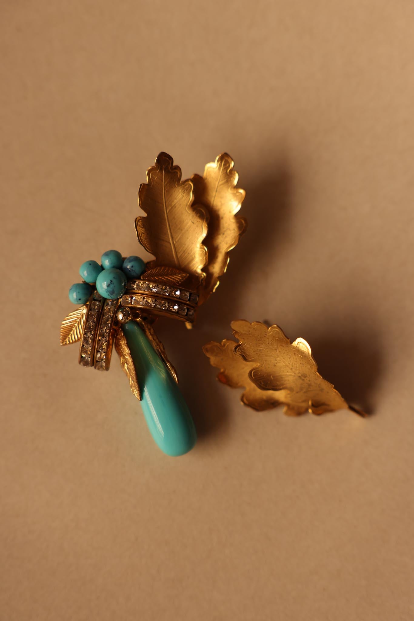 Gold-Toned Leaf and Turquoise Accent Mismatched Earrings|Vintage Baazaar 