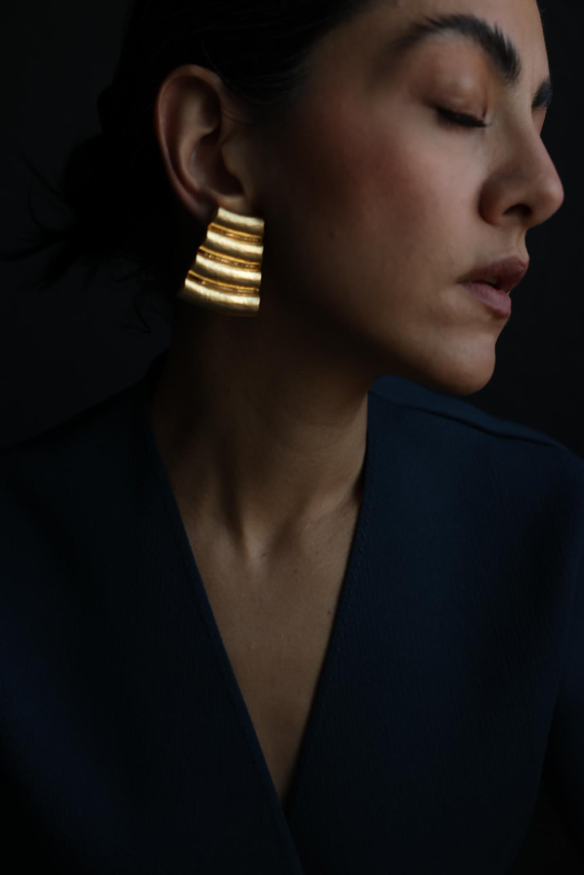 Matte Gold Ridged Trapezoid Statement Clip-On Earrings