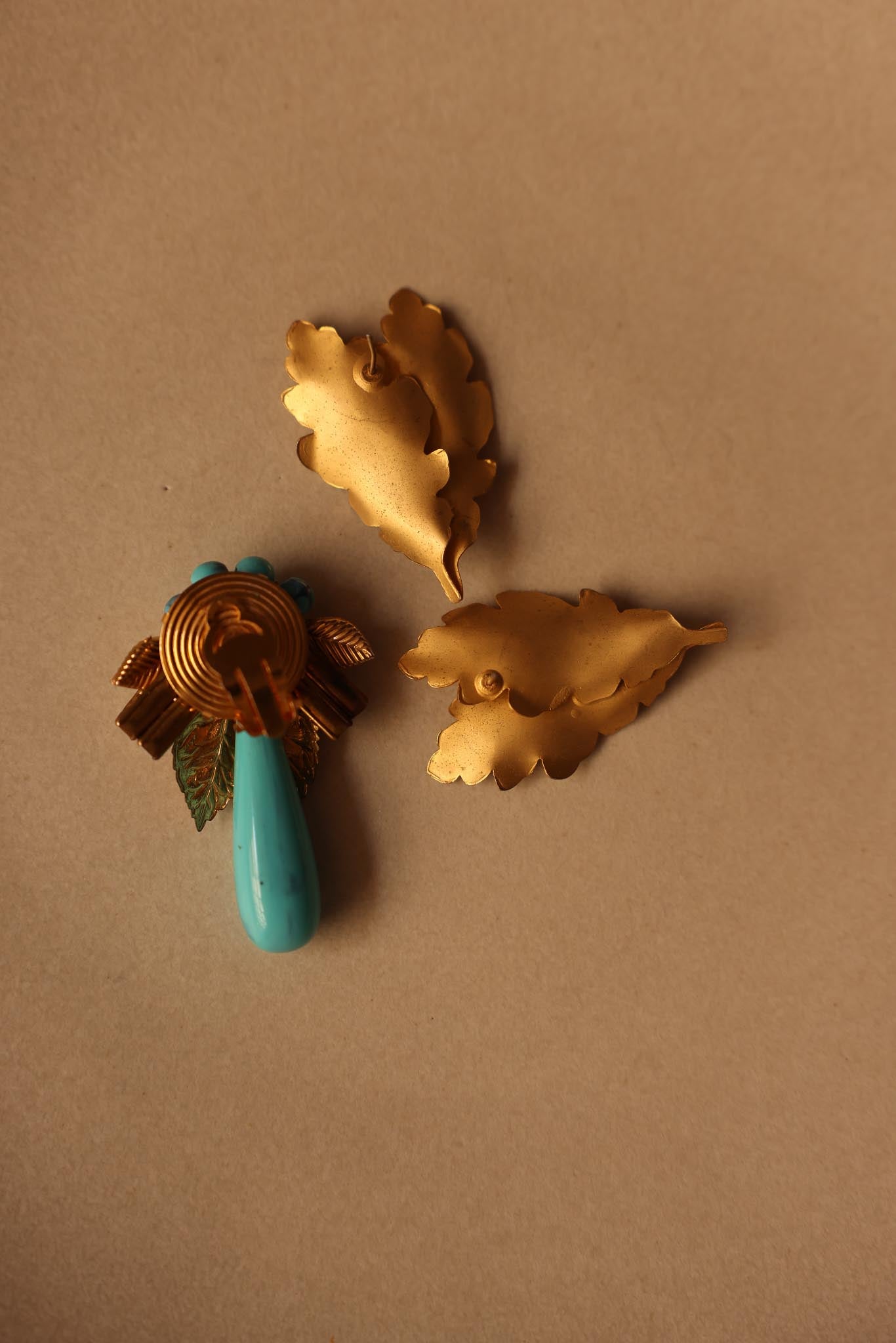 Gold-Toned Leaf and Turquoise Accent Mismatched Earrings|Vintage Baazaar 