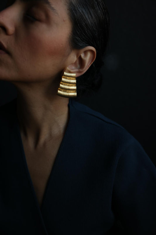 Matte Gold Ridged Trapezoid Statement Clip-On Earrings