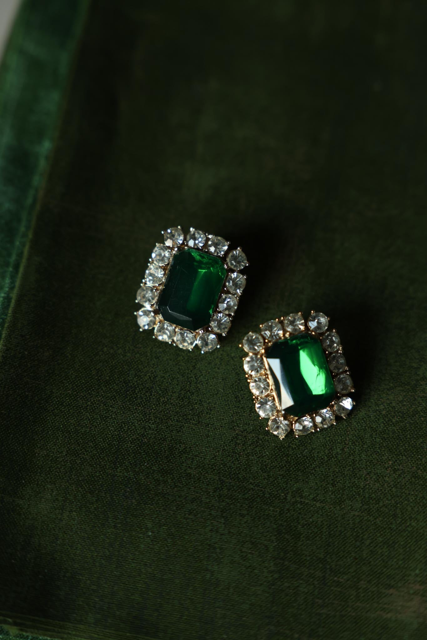 Gold-Tone Green Rhinestone Clip-On Earrings