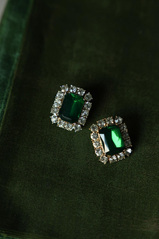 Gold-Tone Green Rhinestone Clip-On Earrings