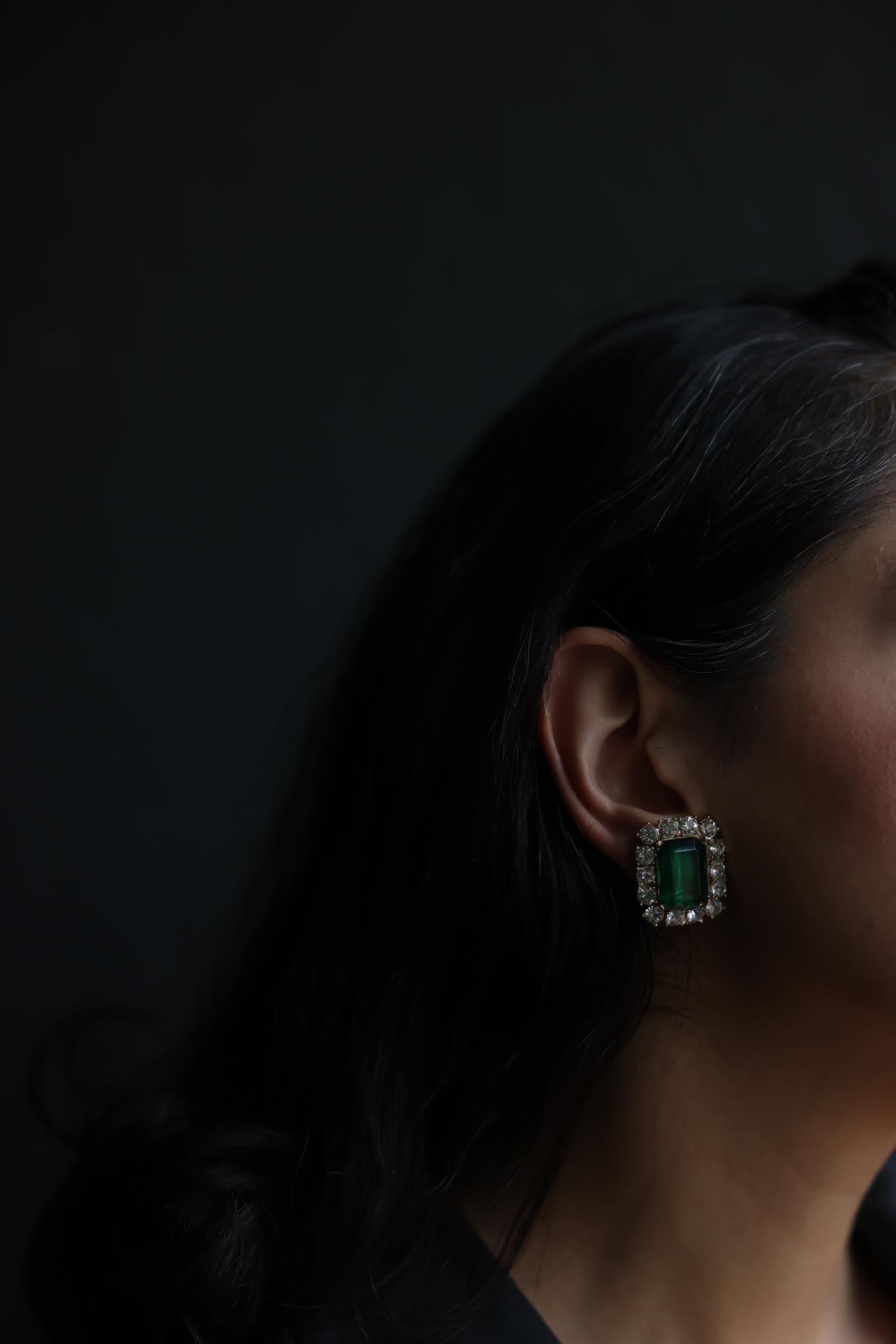 Gold-Tone Green Rhinestone Clip-On Earrings