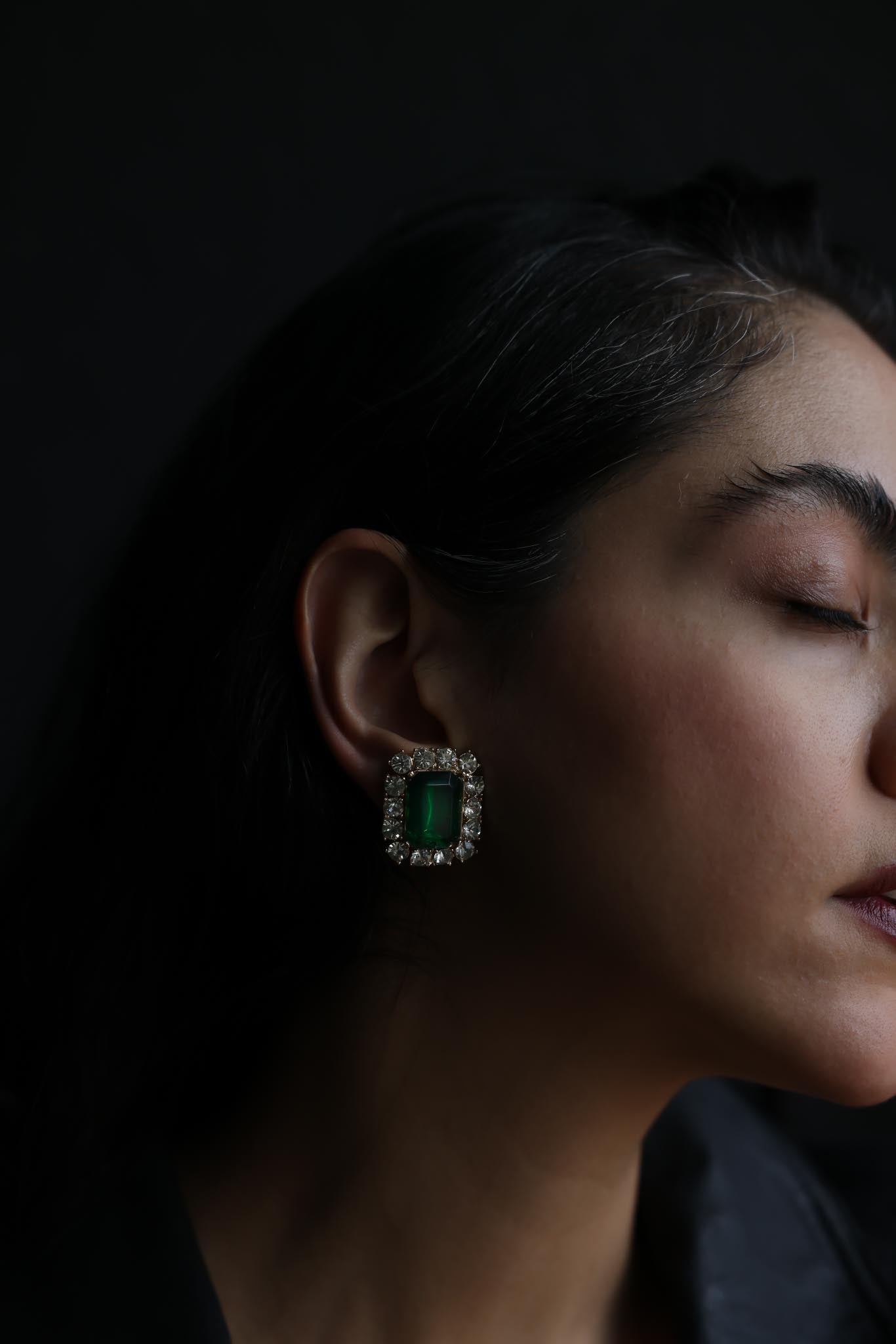 Gold-Tone Green Rhinestone Clip-On Earrings