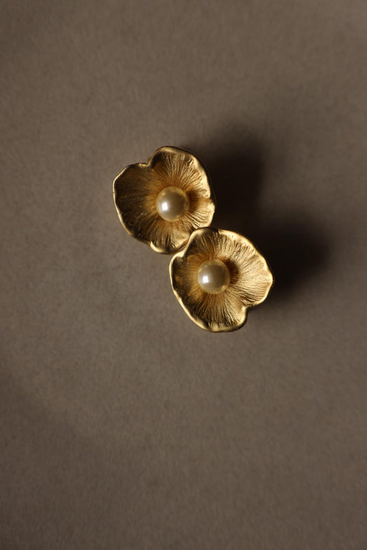 Norma Jean Matte Gold Flower Faux Pearl Clip-On Earrings