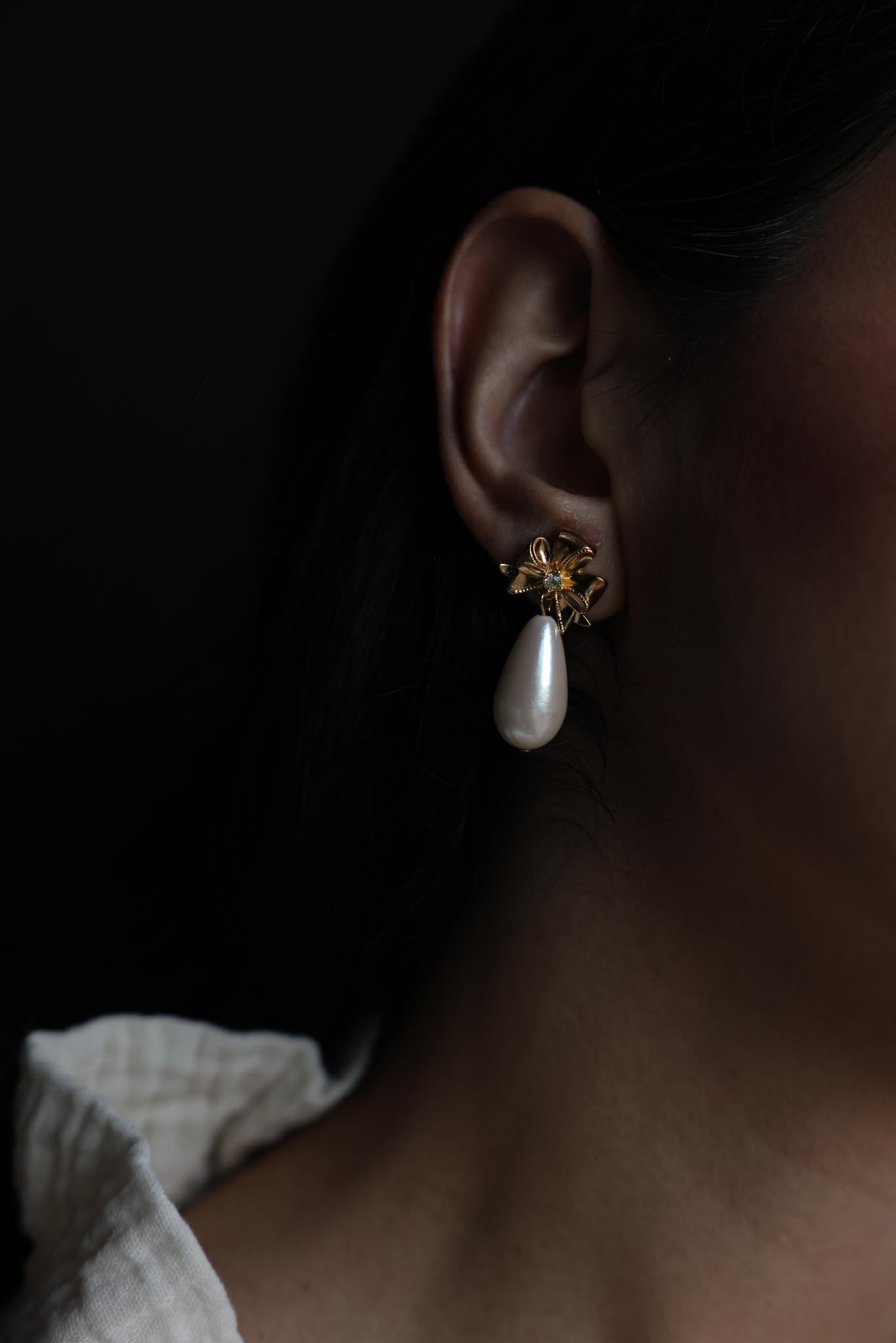 Gold-Tone Bow Faux Pearl Drop Earrings