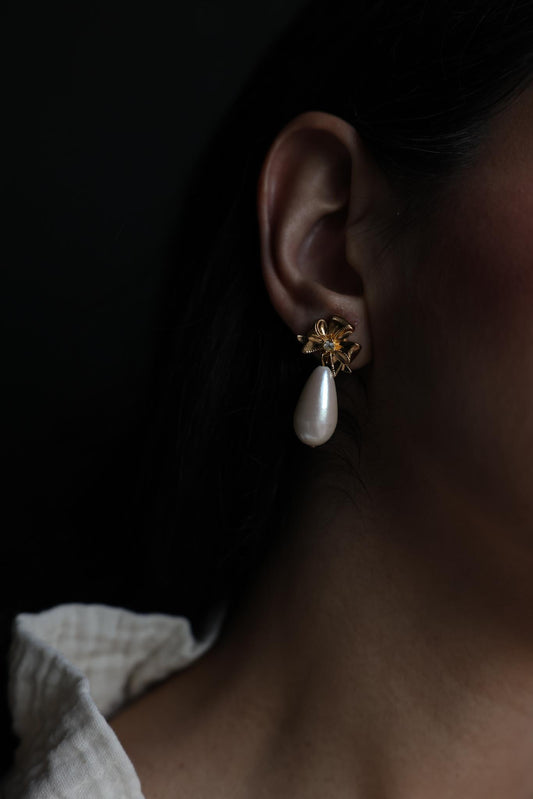 Gold-Tone Bow Faux Pearl Drop Earrings