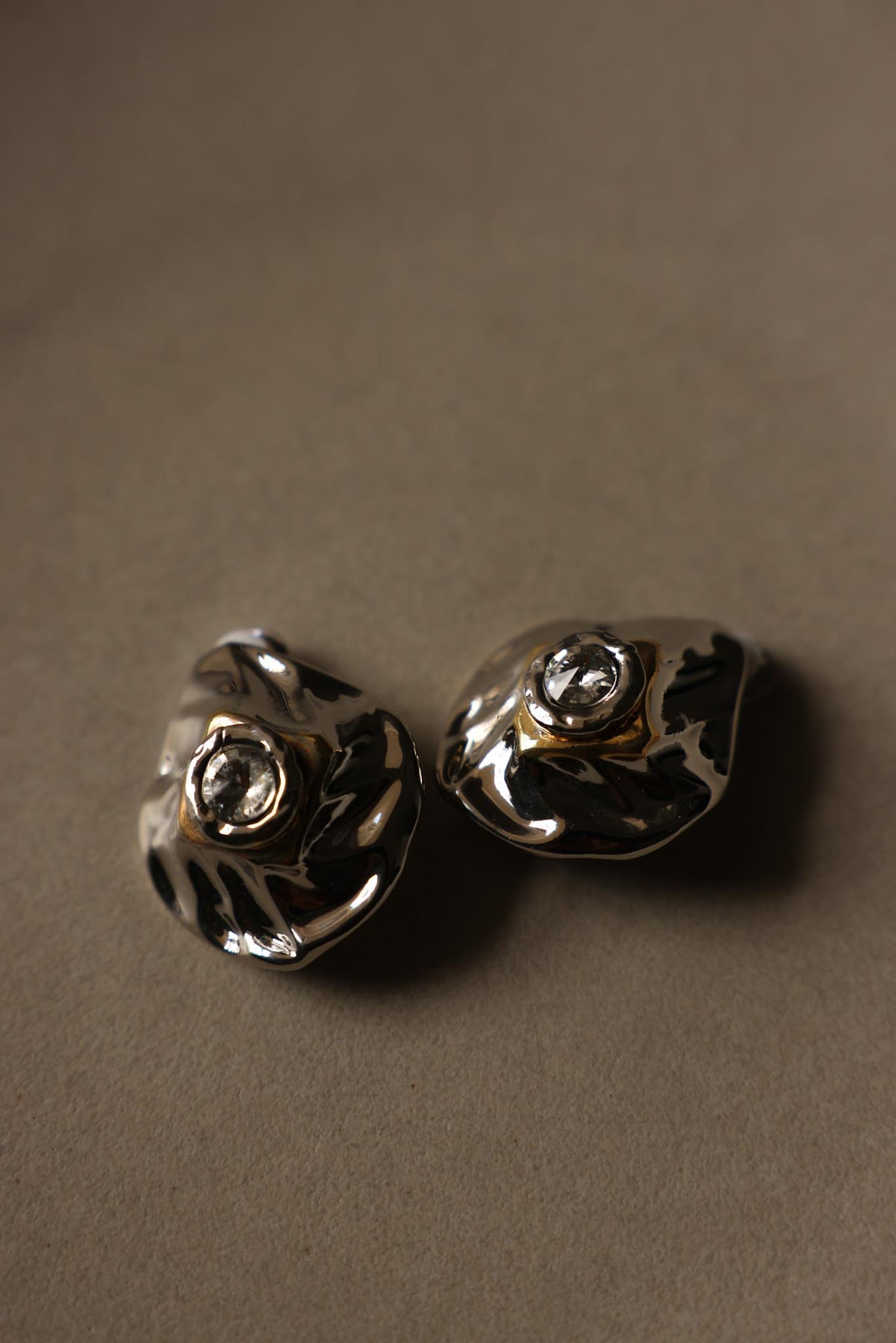 Two Tone Sculptural Clear Rhinestone Statement Clip-On Earrings 1990's