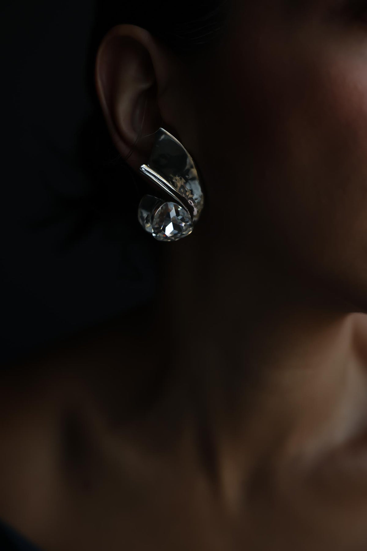 Silvertone Sculptural Clear Rhinestone Clip-On Earrings