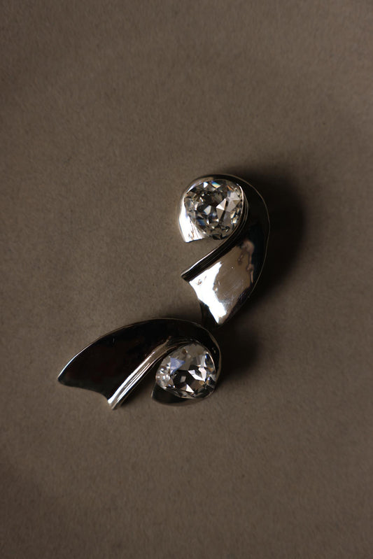 Silvertone Sculptural Clear Rhinestone Clip-On Earrings