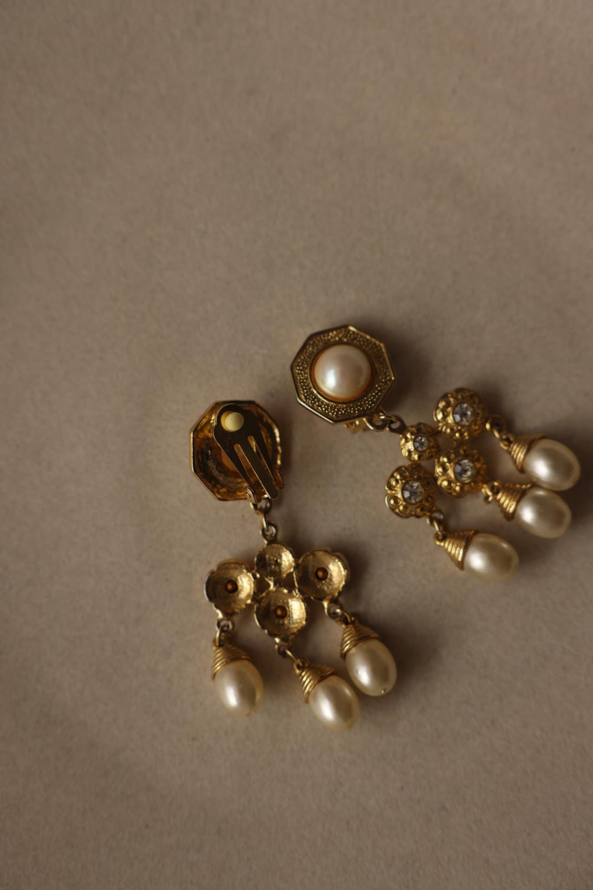 Vintage Gold Tone Faux Pearl & Rhinestone Chandelier Clip-On Earrings