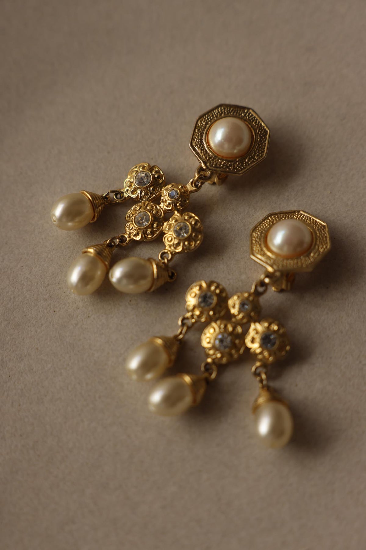 Vintage Gold Tone Faux Pearl & Rhinestone Chandelier Clip-On Earrings