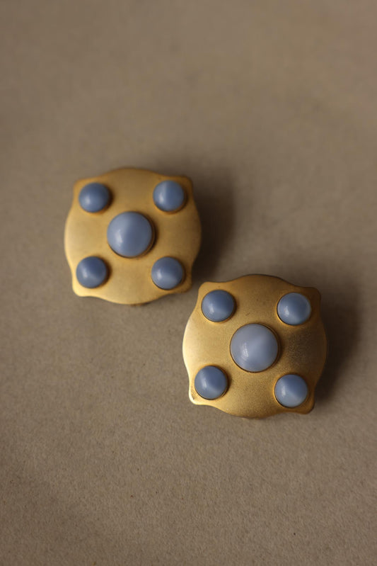 Vintage Matte Gold & Blue Cabochon Clip-On Earrings|Vintage Baazaar 