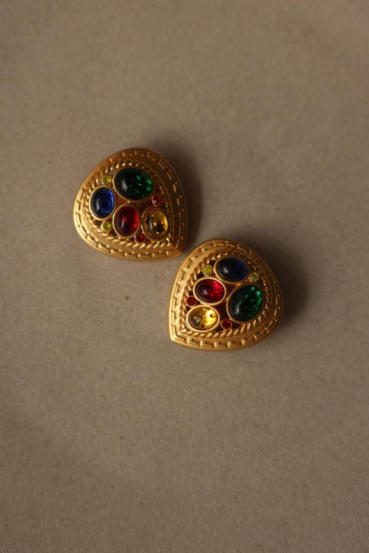 Vintage Gold Plated Multicolor Cabochon Clip-On Earrings|Vintage Baazaar 