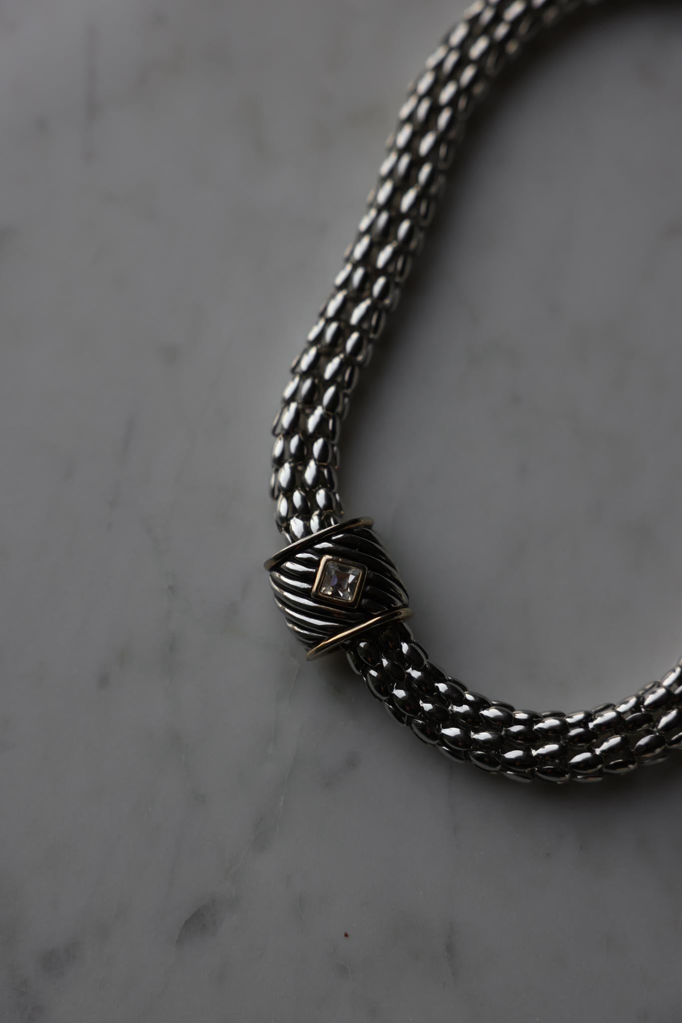 Silver-Tone Mesh Collar Necklace With Rhinestone Clasp