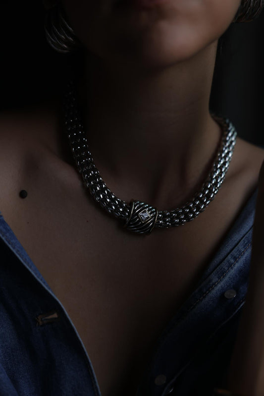 Silver-Tone Mesh Collar Necklace With Rhinestone Clasp