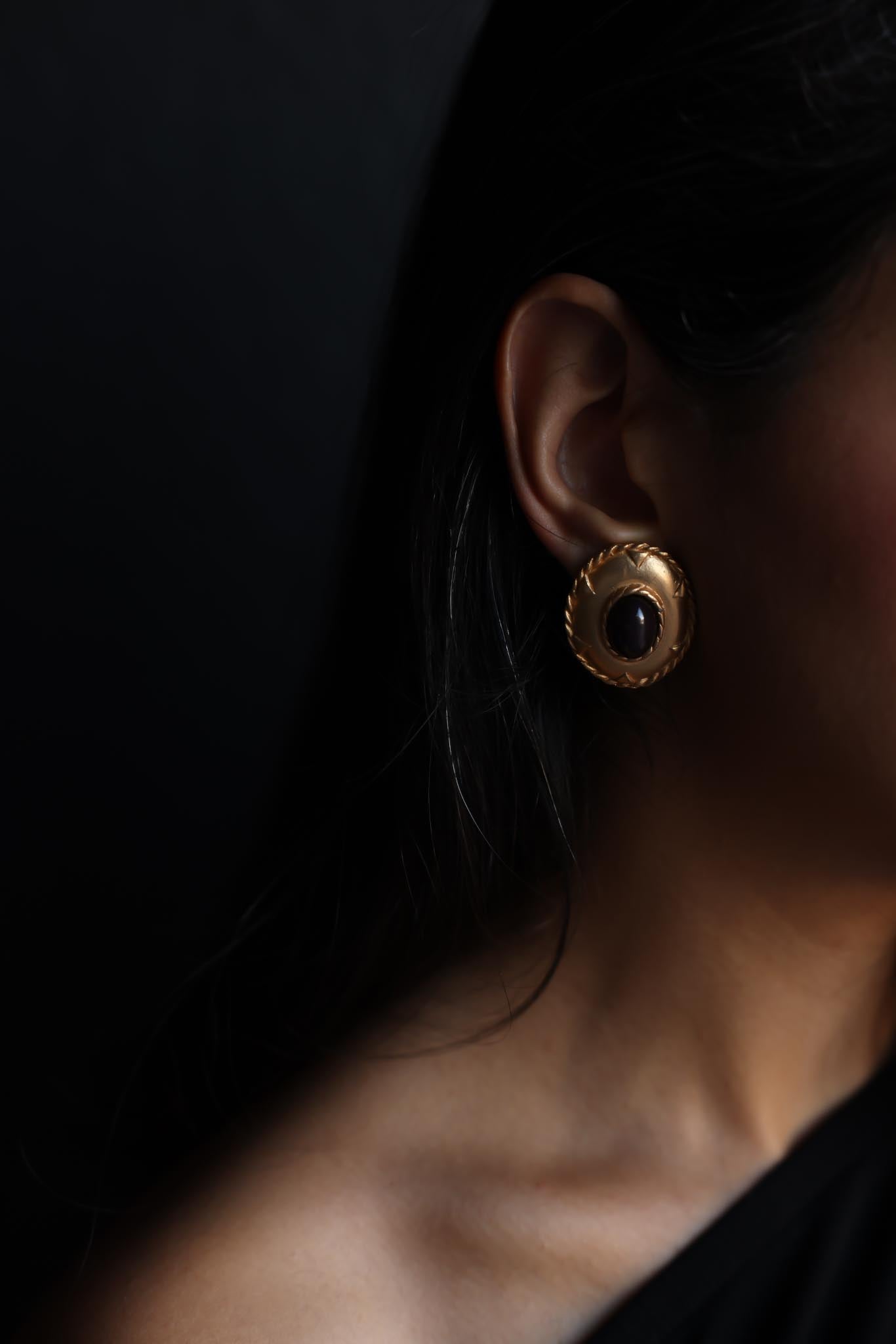 Matte Gold Clip-On Earrings with Brown Cabochon|Vintage Baazaar 