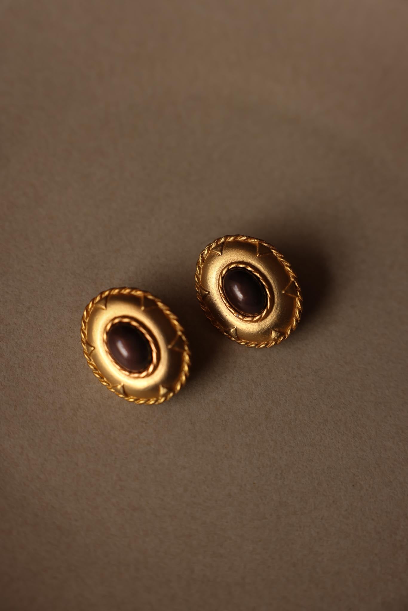 Matte Gold Clip-On Earrings with Brown Cabochon|Vintage Baazaar 