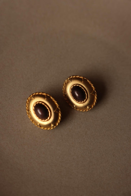Matte Gold Clip-On Earrings with Brown Cabochon|Vintage Baazaar 