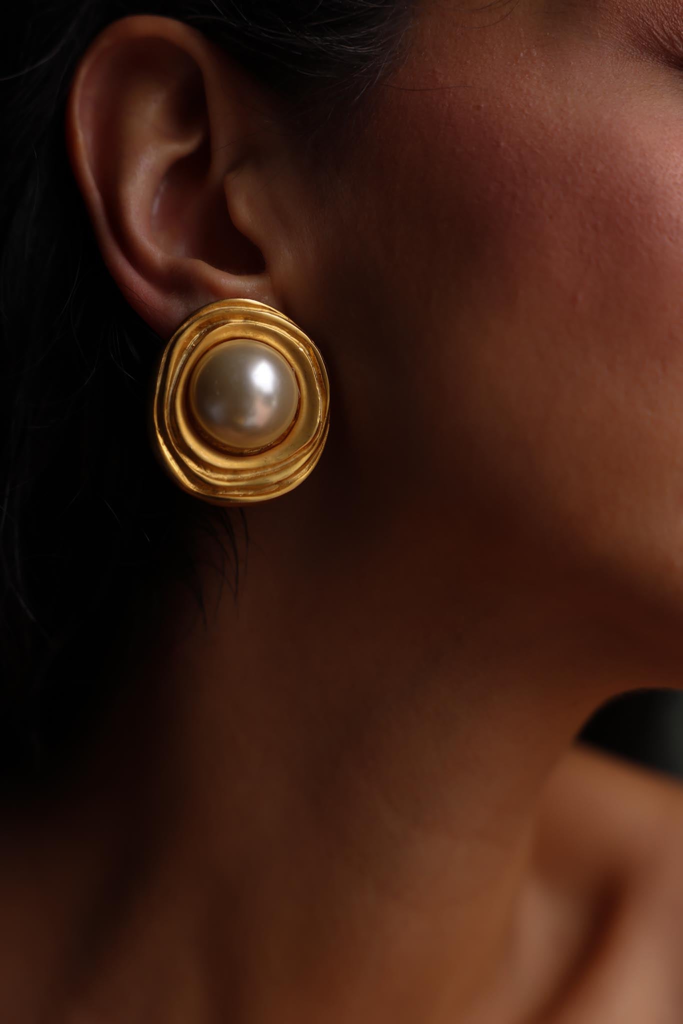 1980s Layered Matte Gold Faux Pearl Clip-On Earrings, 10K Gold Filled|Vintage Baazaar 