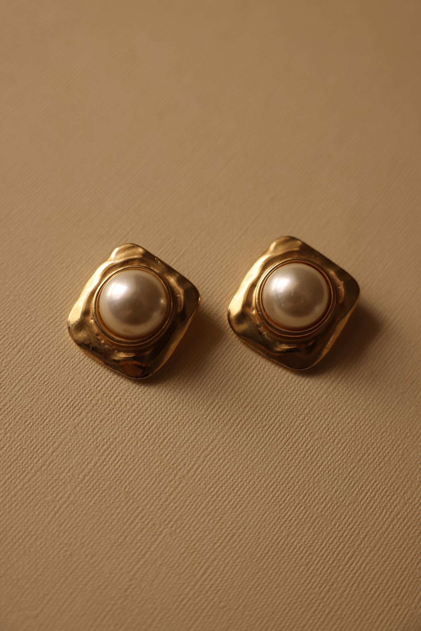 Matte Gold Square Clip-On Earrings with Faux Pearls|Vintage Baazaar 