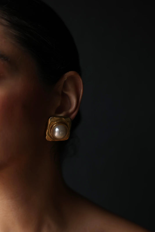 Matte Gold Square Clip-On Earrings with Faux Pearls|Vintage Baazaar 
