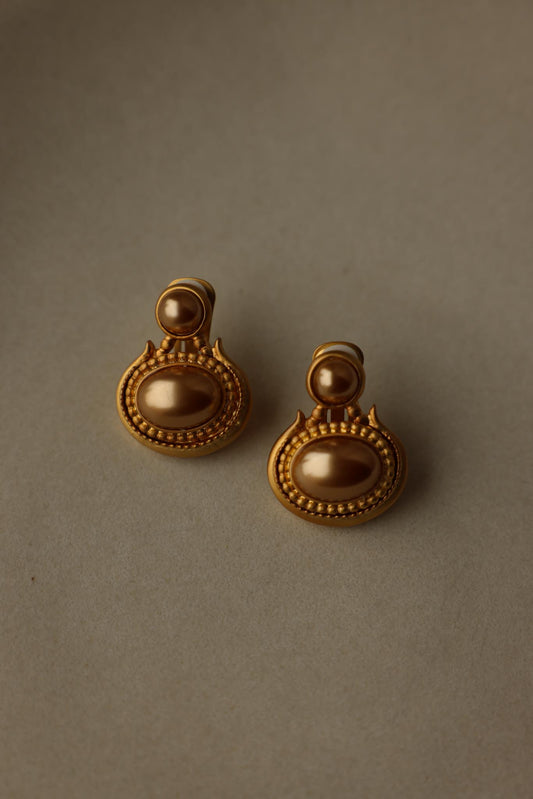 Matte Gold Faux Pearl Oval Clip-On Earrings