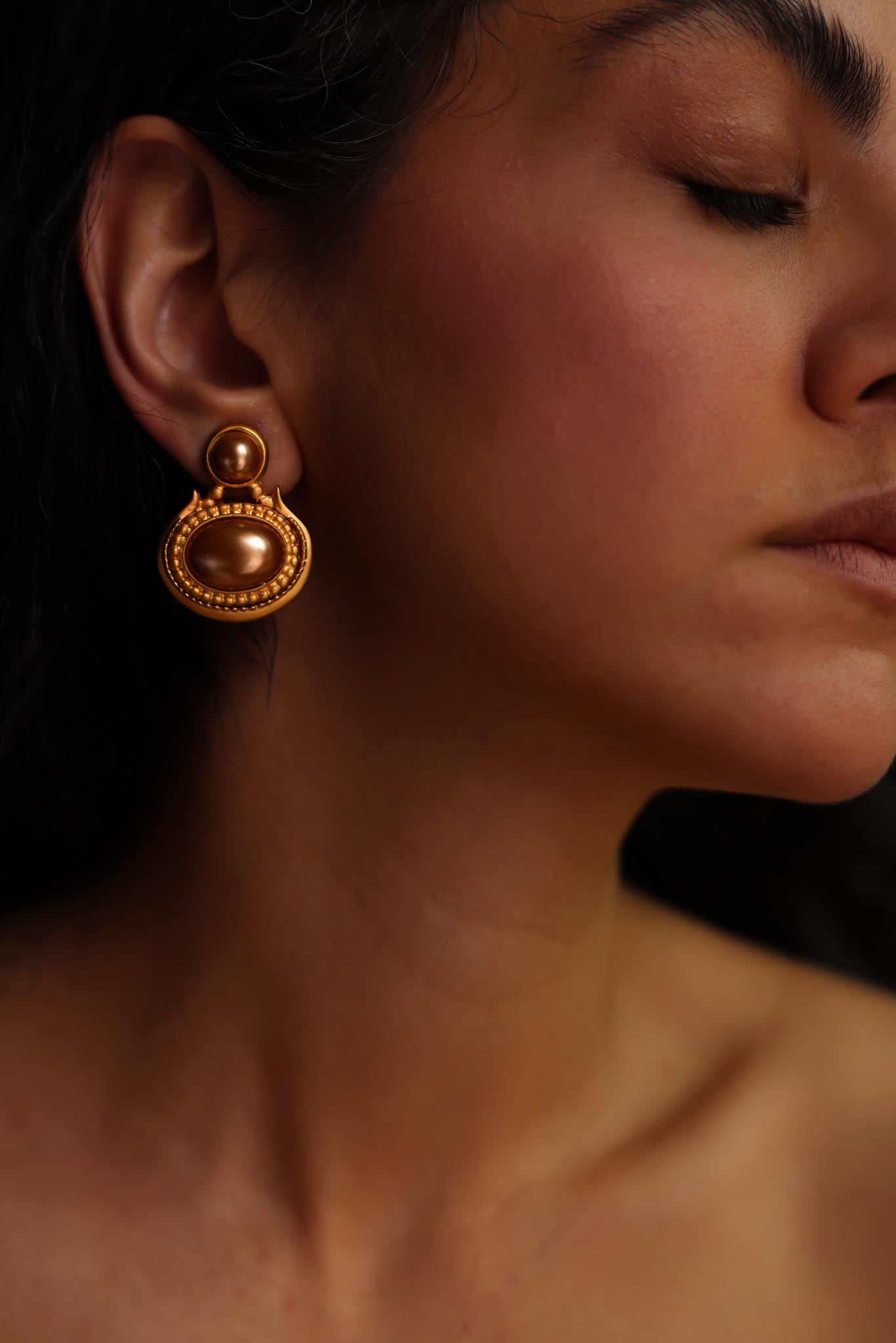 Matte Gold Faux Pearl Oval Clip-On Earrings