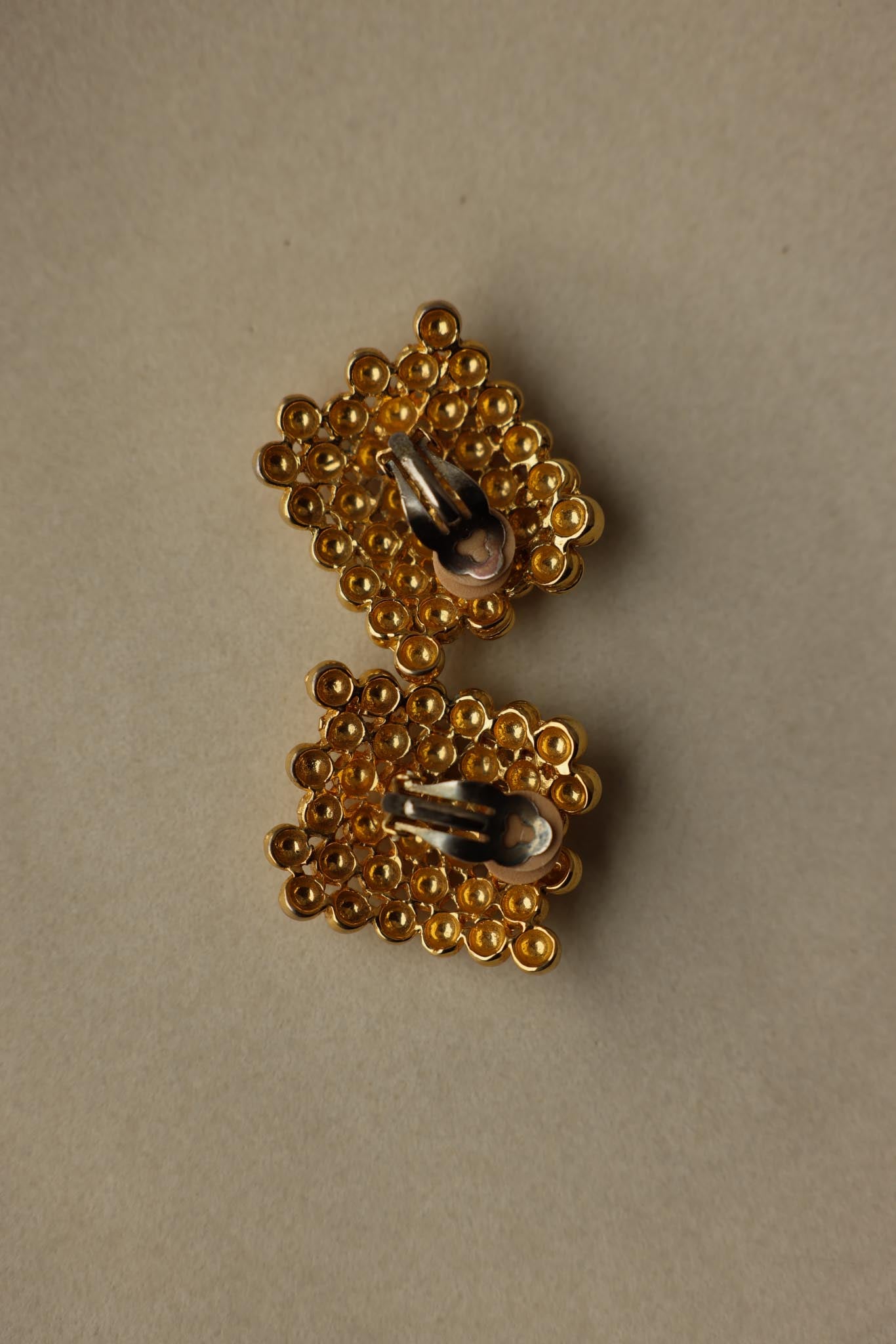 Gold-Tone Beaded Grid Clip-On Earrings|Vintage Baazaar 