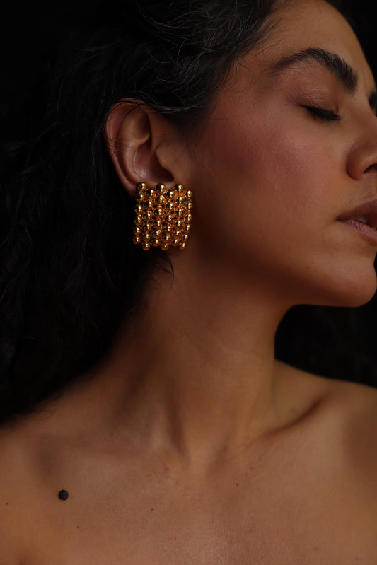 Gold-Tone Beaded Grid Clip-On Earrings|Vintage Baazaar 