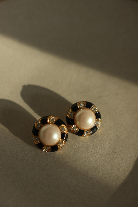 Gold-Tone Black Enamel Pearl Rhinestone Clip-On Earrings
