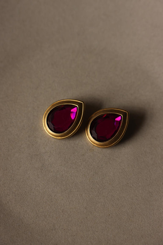 Matte Gold Purple Teardrop Clip-On Earrings