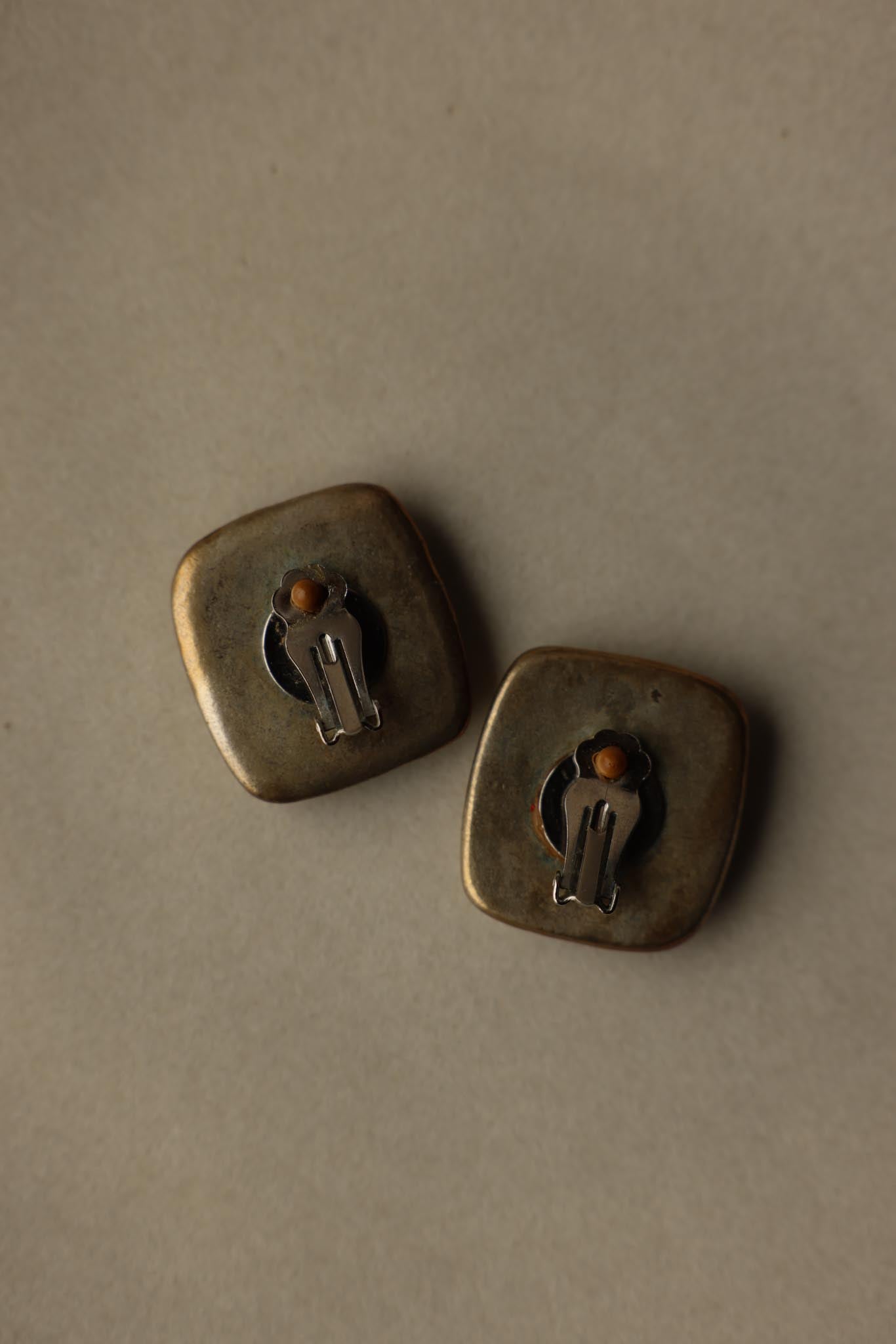 Antique Gold and Turquoise Square Clip-On Earrings