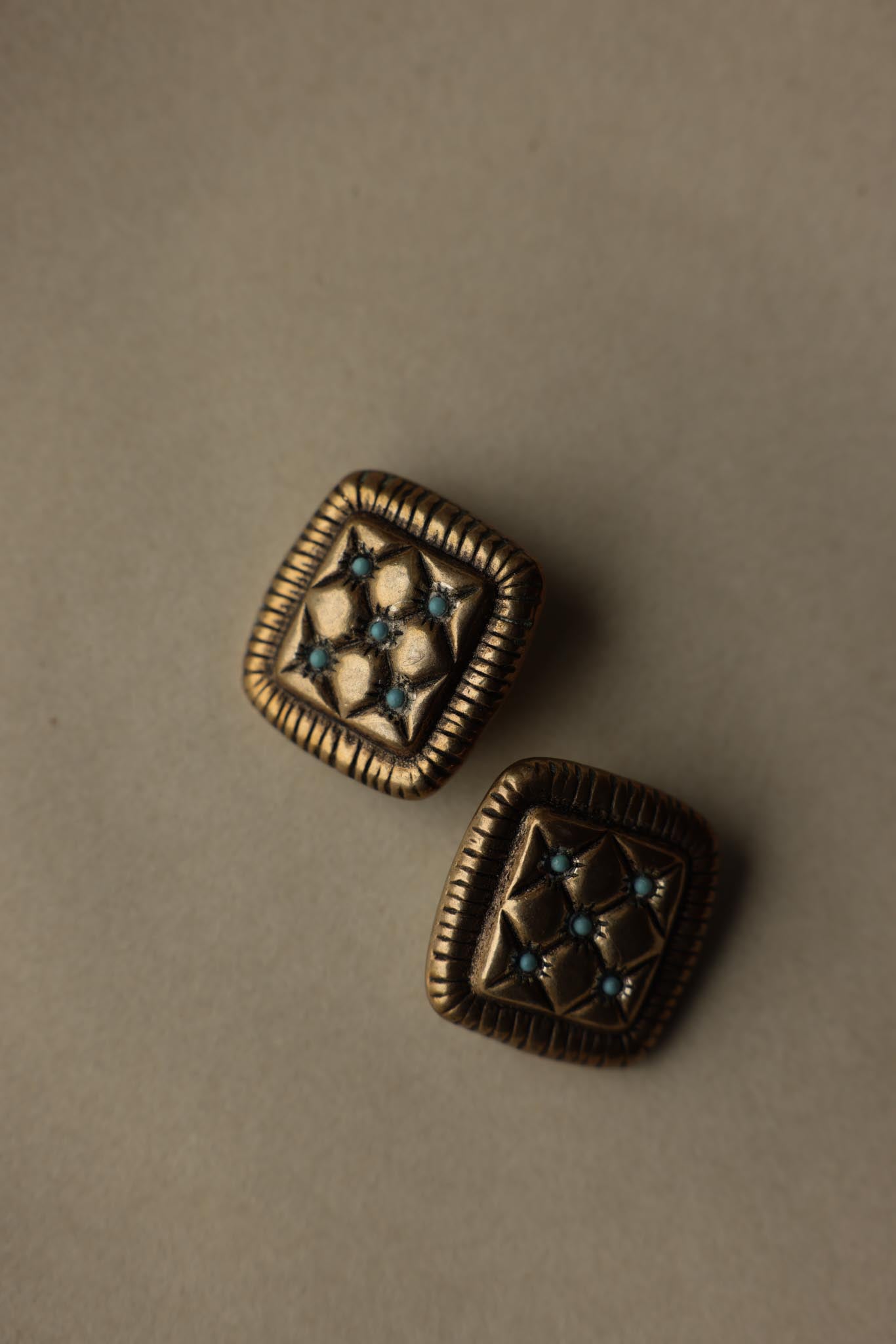 Antique Gold and Turquoise Square Clip-On Earrings