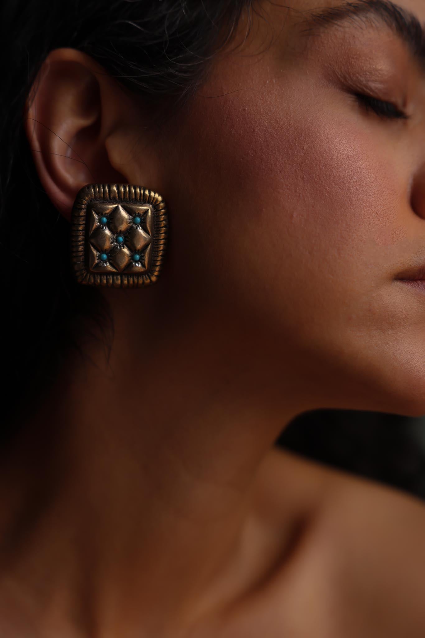 Antique Gold and Turquoise Square Clip-On Earrings