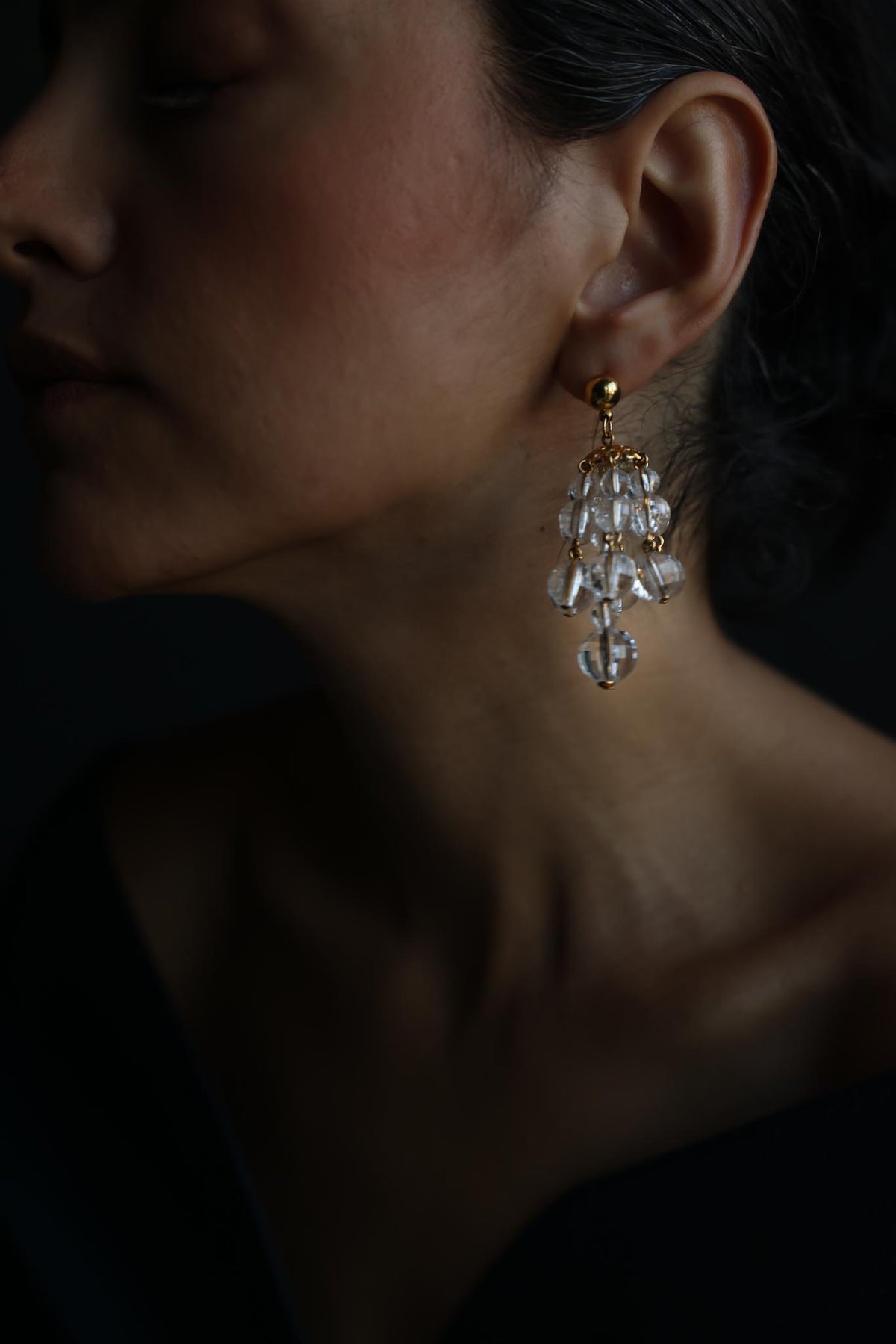 Clear Lucite Beaded Chandelier Pierced Earrings
