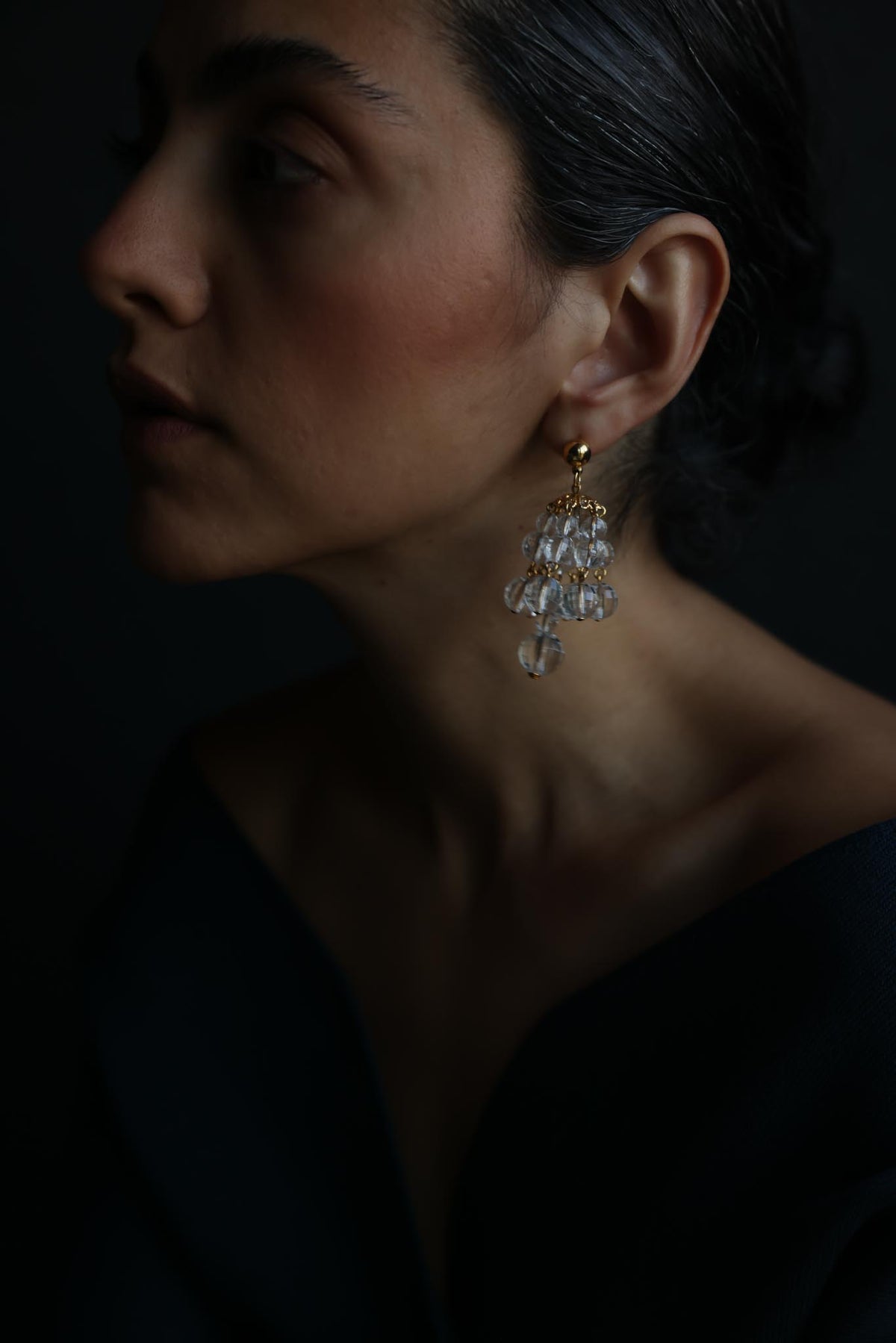 Clear Lucite Beaded Chandelier Pierced Earrings